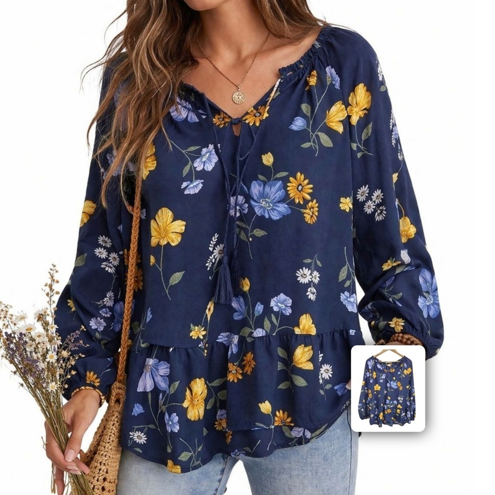Old Navy Floral Peasant Blouse Tiered Chiffon Flowy 3/4 Sleeve XL